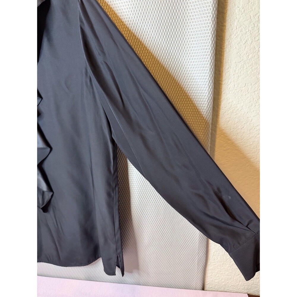 Coldwater Creek Silk Blouse Button Up Women Sz 12 Black Ruffle Dressy - Picture 4 of 8